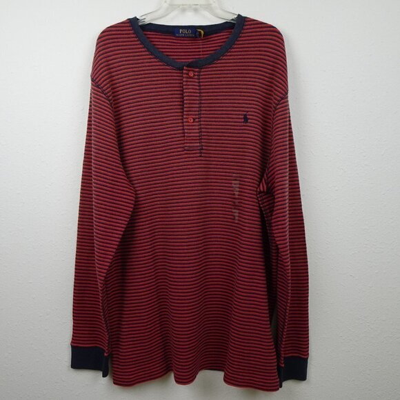 Polo Ralph Lauren Waffle Knit T-Shirt Men's Size 2XL Red Stripe Henley Casual - Picture 1 of 7